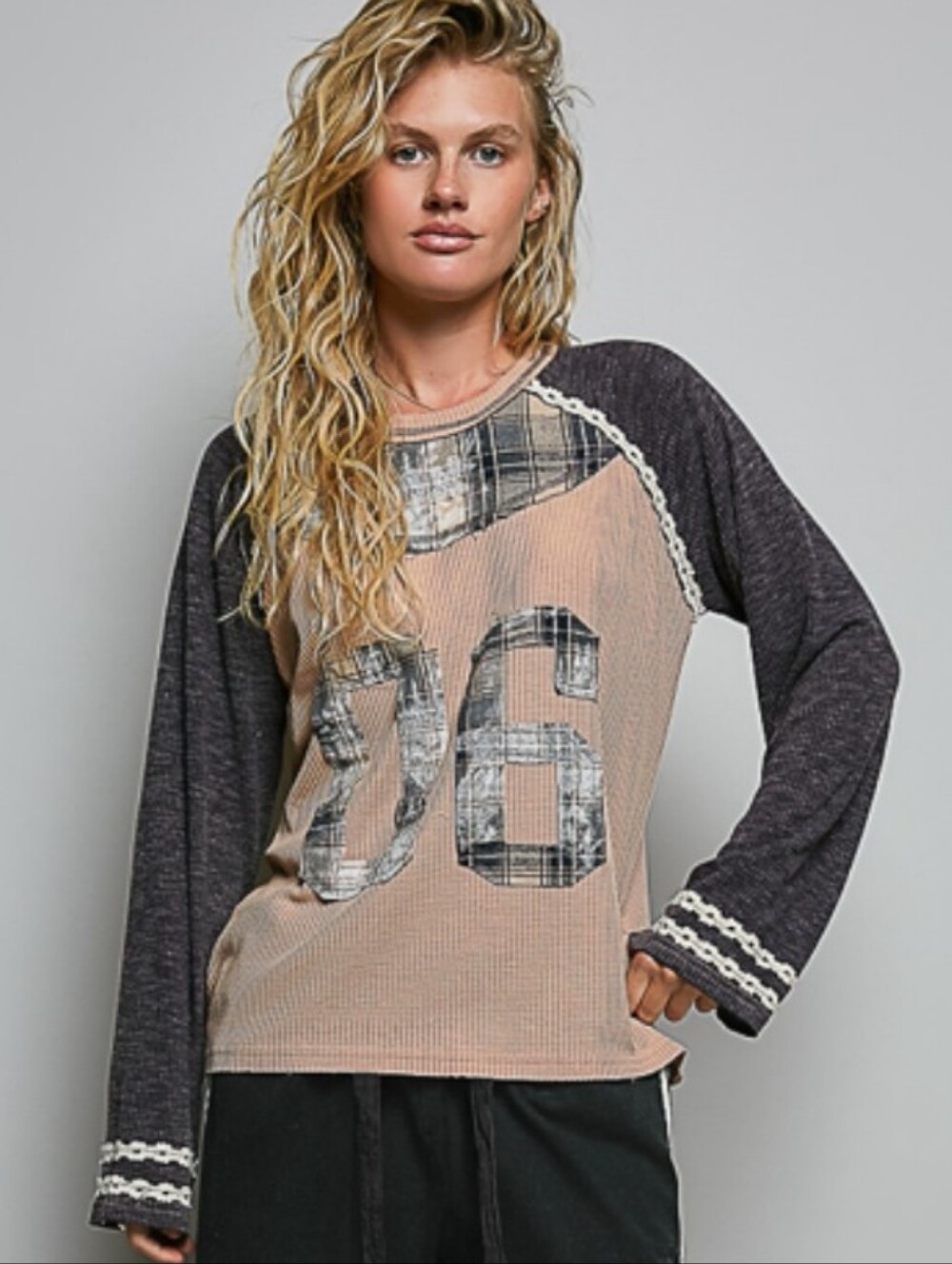 POL Beige and Charcoal Raglan Pullover with '06' Plaid Patch